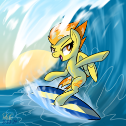 Size: 2000x2000 | Tagged: safe, artist:notadeliciouspotato, spitfire, pegasus, pony, g4, bipedal, female, mare, ocean, open mouth, open smile, partially open wings, signature, smiling, solo, surfboard, surfing, water, wave, wings