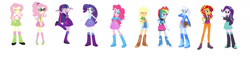 Size: 1920x445 | Tagged: safe, artist:leahrow, applejack, fluttershy, pinkie pie, rainbow dash, rarity, starlight glimmer, sunset shimmer, trixie, twilight sparkle, human, equestria girls, g4, boots, boots swap, clothes, clothes swap, cowboy boots, high heel boots, humane five, humane seven, humane six, personality swap, rainbow socks, shoes, simple background, socks, starlight glimmer's boots, striped socks, white background