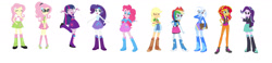 Size: 1920x445 | Tagged: safe, artist:leahrow, applejack, fluttershy, pinkie pie, rainbow dash, rarity, starlight glimmer, sunset shimmer, trixie, twilight sparkle, human, equestria girls, g4, boots, clothes, clothes swap, cowboy boots, high heel boots, humane five, humane seven, humane six, personality swap, rainbow socks, shoes, simple background, socks, striped socks, white background