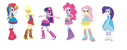 Size: 1280x509 | Tagged: safe, artist:leahrow, applejack, fluttershy, pinkie pie, rainbow dash, rarity, twilight sparkle, alicorn, human, equestria girls, g4, boots, clothes, clothes swap, cowboy hat, fall formal outfits, female, hat, high heel boots, humane five, humane six, rarity's fall formal boots, shoes, simple background, twilight sparkle (alicorn), white background