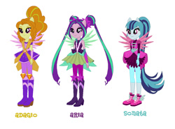 Size: 1038x770 | Tagged: safe, artist:leahrow, artist:selenaede, adagio dazzle, aria blaze, sonata dusk, equestria girls, g4, my little pony equestria girls: legend of everfree, boots, crystal guardian, crystal wings, green wings, high heel boots, pink wings, ponied up, purple wings, shoes, simple background, the dazzlings, white background, wings
