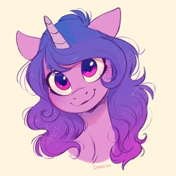 Size: 2757x2757 | Tagged: safe, artist:imalou, izzy moonbow, pony, unicorn, g5, bust, commission, commissioner:thatguy1945, cute, female, horn, izzybetes, looking at you, mare, simple background, smiling, solo, yellow background