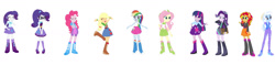 Size: 1280x303 | Tagged: safe, artist:anayahmed, applejack, fluttershy, pinkie pie, rainbow dash, rarity, starlight glimmer, sunset shimmer, trixie, twilight sparkle, oc, oc:sci-rari, human, equestria girls, g4, alternate universe, boots, clothes swap, cowboy boots, female, high heel boots, humane five, humane seven, humane six, rarityverse, sci-rari, shoes, simple background, starlight glimmer's boots, white background