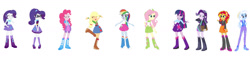 Size: 1280x303 | Tagged: safe, artist:anayahmed, applejack, fluttershy, pinkie pie, rainbow dash, rarity, starlight glimmer, sunset shimmer, trixie, twilight sparkle, oc, oc:sci-rari, human, equestria girls, g4, alternate universe, boots, clothes swap, cowboy boots, female, high heel boots, humane five, humane seven, humane six, sci-rari, shoes, simple background, white background