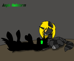 Size: 2400x2000 | Tagged: safe, artist:aegishailstorm, oc, oc only, oc:aegis hailstorm, pony, unicorn, fallout equestria, armor, body horror, cuddling, cute, duo, eldritch abomination, female, horn, lying down, mare, mask, on back, power armor, wasteland