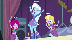 Size: 1280x714 | Tagged: safe, edit, edited screencap, screencap, fuchsia blush, lavender lace, trixie, equestria girls, g4, headcanon, in-between, mean, nice, nice mean and in-between, trio, trixie and the illusions