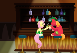 Size: 2880x2000 | Tagged: safe, alternate version, anonymous artist, big macintosh, fluttershy, earth pony, pegasus, pony, series:fm holidays, g4, bar, bar stool, bloomers, bowler hat, cider, clothes, clover, colored, dress, eyes closed, female, four leaf clover, hat, high res, holiday, hoof hold, juice, juice box, lineless, male, mare, open mouth, open smile, saint patrick's day, ship:fluttermac, shipping, sitting, smiling, stallion, straight, toasting