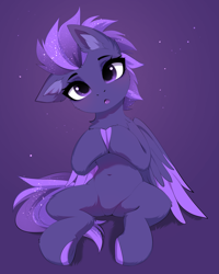 Size: 2587x3239 | Tagged: safe, artist:empress-twilight, oc, oc only, oc:shadow galaxy, pegasus, pony, belly, belly button, blushing, commission, cute, ethereal mane, female, gradient background, hooves, hooves together, mare, one ear down, open mouth, pegasus oc, purple background, sitting, solo, starry mane, starry tail, tail, wings, ych result