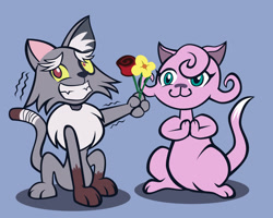 Size: 1280x1022 | Tagged: safe, artist:magerblutooth, discord, fluttershy, cat, g4, :3, bandage, bandaged tail, blue background, catified, cheek fluff, commission, duo, ear fluff, female, flirting, flower, fluttercat, grin, implied transformation, looking away, male, neck fluff, nervous, nervous smile, rose, ship:discoshy, shipping, simple background, smiling, species swap, straight, trembling