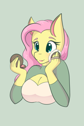 Size: 1365x2048 | Tagged: safe, artist:mscolorsplash, fluttershy, pegasus, anthro, g4, big breasts, breasts, bust, busty fluttershy, cleavage, female, green background, makeup, mare, mirror, open mouth, powder puff, simple background, solo