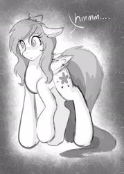 Size: 1463x2048 | Tagged: safe, artist:mscolorsplash, oc, oc only, oc:color splash, pegasus, pony, concave belly, eye clipping through hair, female, grayscale, mare, monochrome, solo