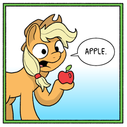 Size: 688x688 | Tagged: safe, artist:doodledonutart, applejack, earth pony, pony, g4, apple, appul, dialogue, female, food, gradient background, hoof hold, looking at you, mare, solo, speech bubble, talking to viewer