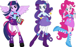 Size: 9927x6098 | Tagged: safe, artist:aqua-pony, pinkie pie, rarity, twilight sparkle, equestria girls, g4, absurd resolution, book, boots, clothes, high heel boots, leg warmers, shoes, simple background, transparent background, vector