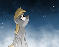 Size: 811x649 | Tagged: artist needed, source needed, safe, derpy hooves, pegasus, pony, g4, bubble, female, folded wings, gradient background, looking up, sitting, smiling, smoke, solo, wings