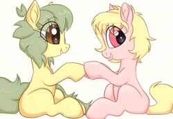 Size: 3942x2717 | Tagged: safe, artist:mushy, oc, oc only, oc:candy pie, oc:pea, earth pony, pony, g4, blank flank, duo, duo female, eye clipping through hair, female, filly, foal, holding hooves, looking at each other, looking at someone, round belly, simple background, sitting, white background