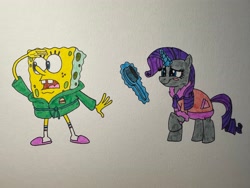 Size: 4032x3024 | Tagged: safe, artist:dylanwayneburk, rarity, unicorn, g4, brush, crossover, female, hairbrush, horn, male, spongebob squarepants, spongebob squarepants (character), traditional art