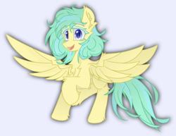 Size: 838x646 | Tagged: safe, pony, :d, chest fluff, ear fluff, ears up, eyes open, full body, looking at you, open mouth, open smile, raised hoof, simple background, smiling, solo, spread wings, white background, wings