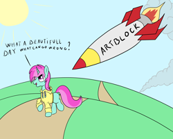 Size: 2000x1600 | Tagged: safe, artist:amateur-draw, oc, oc:belle boue, unicorn, g4, art block, bad luck, clothes, hoodie, horn, male, rocket, simple background, solo, stallion, text, this will end in death, this will end in tears