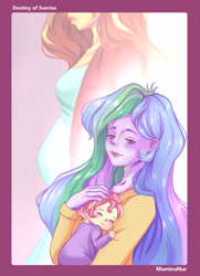 Size: 2867x3965 | Tagged: safe, artist:wakinup, princess celestia, principal celestia, sunset shimmer, oc, oc:sunrise shimmer, fanfic:destinyofsunrise, equestria girls, g4, adopted offspring, baby, momlestia, parent:sunset shimmer, parent:unknown, pregnant, pregnant equestria girls, principal momlestia, sunset preggers