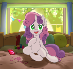 Size: 1578x1500 | Tagged: safe, artist:lemon, sweetie belle, pony, unicorn, g4, bed, bed hair, cellphone, clothes line, cute, easter, easter egg, female, filly, foal, food, holiday, horn, lemon, looking back, phone, pillow, smartphone, solo, window