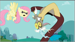 Size: 902x513 | Tagged: safe, artist:polorenzielephant, edit, edited screencap, screencap, discord, fluttershy, draconequus, pegasus, g4, keep calm and flutter on, context in description, element of kindness, faic, female, link in description, male, stare, the railway series, the stare