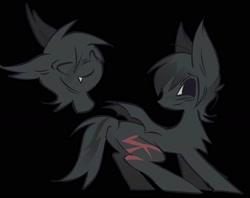 Size: 1578x1249 | Tagged: safe, artist:ponykip, oc, oc only, unnamed oc, bat pony, pony, ambiguous gender, bat pony oc, big ears, big eyes, black background, blushing, chest fluff, cute, cute little fangs, eyes closed, fangs, gray coat, gray mane, gray tail, leg scar, long tail, ponysona, profile, scar, simple background, small wings, smiling, solo, spread wings, tail, two toned mane, two toned tail, wings