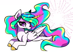 Size: 1600x1200 | Tagged: safe, artist:stacy_165cut, princess celestia, alicorn, pony, g4, big eyes, colored hooves, colored horn, countershading, ethereal mane, ethereal tail, eye clipping through hair, eyelashes, eyeshadow, female, folded wings, horn, lidded eyes, looking back, lying down, makeup, mare, missing accessory, multicolored mane, multicolored tail, pink eyes, profile, prone, shiny hooves, simple background, smiling, solo, sparkles, sparkly eyes, starry eyes, tail, unicorn horn, white background, white coat, wingding eyes, wings