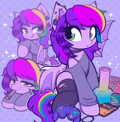 Size: 1668x1696 | Tagged: safe, artist:moozua, oc, oc only, oc:lullaby, bat pony, pony, bat pony oc, big eyes, blunt, bong, choker, clothes, colored pinnae, colored wings, controller, drink, drugs, ear piercing, ear tufts, earring, eye clipping through hair, eyebrows, eyebrows visible through hair, female, folded wings, gamecube controller, gauges, green eyes, high, industrial piercing, jewelry, licking, licking lips, lidded eyes, long mane, long socks, long tail, looking back, looking up, lying down, mare, marijuana, mountain dew, multicolored hair, multicolored mane, multicolored tail, open mouth, patterned background, piercing, ponysona, purple coat, purple mane, purple tail, rainbow hair, rainbow tail, raised hoof, ripped stockings, scene, scene hair, shoulderless shirt, sitting, smiling, soda can, solo, sparkles, spread wings, stockings, tail, thigh highs, tongue out, torn clothes, triality, two toned wings, wall of tags, wingding eyes, wings