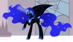 Size: 3927x2246 | Tagged: safe, artist:ladyroxanne7, nightmare moon, oc, oc:nyx, alicorn, pony, fanfic:past sins, g4, alicorn oc, boots, canterlot, canterlot castle, chestplate, concave belly, ethereal hair, eyeshadow, fanfic art, floor, glowing, glowing horn, helmet, horn, long legs, makeup, nightmare nyx, pillar, raised hoof, scene interpretation, shoes, slender, slit pupils, solo, spread wings, stained glass, stone, stone wall, tall, thin, wall, wings