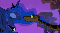 Size: 1920x1080 | Tagged: safe, artist:ocean lover, edit, edited screencap, screencap, princess luna, alicorn, python, snake, g4, animated, crossover, crown, disney, ethereal mane, ethereal tail, flowing mane, flowing tail, forked tongue, gif, horn, hypno eyes, hypnosis, hypnotized, jewelry, kaa, kaa eyes, looking at each other, looking at someone, night, night sky, peytral, purple sky, regalia, sky, smiling, stars, tail, the jungle book, tree, video, walking, youtube, youtube link