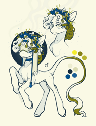 Size: 1571x2048 | Tagged: safe, artist:kurkumut, oc, oc only, unnamed oc, earth pony, pony, body freckles, concave belly, curly mane, curly tail, earth pony oc, facial markings, floral head wreath, flower, freckles, frown, leg freckles, leonine tail, long mane, long mane male, looking back, male, rearing, slender, stallion, tail, tail fluff, thin, two toned mane, two toned tail, veil, white coat, white eyes, white mane