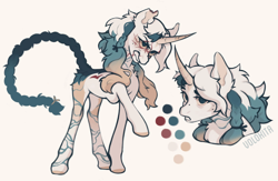 Size: 2048x1335 | Tagged: safe, artist:kurkumut, oc, oc only, unnamed oc, unicorn, ambiguous gender, beauty mark, braid, braided tail, coat markings, color palette, colored hooves, colored horn, colored pinnae, colored sclera, curved horn, duality, ear fluff, facial scar, frown, gradient tail, gritted teeth, horn, long legs, long mane, long tail, messy mane, mole, multicolored mane, raised hoof, scar, signature, simple background, slender, solo, tail, teeth, thin, thin legs, tied tail, torn ear, two toned coat, two toned tail, unicorn oc, yellow background, yellow sclera