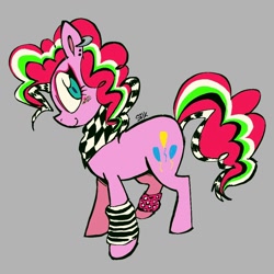 Size: 1074x1074 | Tagged: safe, artist:pichepata, pinkie pie, earth pony, pony, g4, bandana, big eyes, blue eyes, blush scribble, blushing, clothes, colored pinnae, curly mane, curly tail, dyed mane, dyed tail, ear piercing, earring, eyelashes, eyeshadow, female, gray background, jewelry, leg warmers, makeup, mare, multicolored mane, multicolored tail, neckerchief, piercing, pink coat, profile, scene, scene hair, scene kid, signature, simple background, smiling, solo, standing, tail, teal eyes, wingding eyes