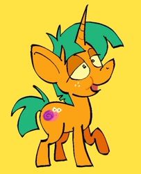 Size: 742x915 | Tagged: safe, artist:pichepata, snails, pony, unicorn, g4, big ears, colored sclera, colt, foal, freckles, green mane, green tail, horn, lidded eyes, long horn, long mane, long mane male, male, open mouth, open smile, orange coat, raised hoof, short, simple background, smiling, solo, standing, straight mane, straight tail, tail, unicorn horn, yellow background, yellow sclera