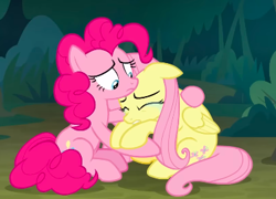 Size: 376x271 | Tagged: safe, screencap, fluttershy, pinkie pie, earth pony, pegasus, pony, g4, the mean 6, comforting, cropped, crying, duo, duo female, female, floppy ears, hug, mare, sad