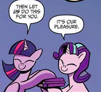 Size: 208x189 | Tagged: safe, artist:andy price, idw, starlight glimmer, twilight sparkle, alicorn, pony, unicorn, g4, book, dialogue, duo, eyes closed, female, horn, mare, speech bubble, twilight sparkle (alicorn)