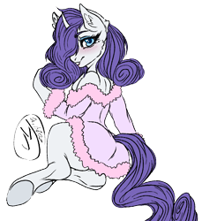 Size: 1044x1138 | Tagged: safe, artist:momma-fleur, rarity, pony, unicorn, semi-anthro, g4, blushing, butt, clothes, cute, digital art, ear fluff, fluffy, horn, off shoulder, plot, raribetes, robe, signature, simple background, solo, stupid sexy rarity, transparent background