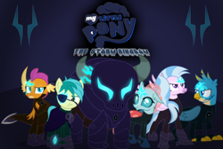 Size: 1000x671 | Tagged: safe, artist:pinksuharia, gallus, ocellus, sandbar, silverstream, smolder, yona, changeling, dragon, earth pony, griffon, hippogriff, yak, comic:the storm kingdom, g4, alternate history, alternate universe, bad end, clothes, crystal of light, dragoness, eyepatch, female, male, mask, smiling, student six, the bad guy wins, the storm six, uniform