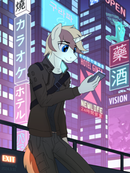 Size: 2250x3000 | Tagged: safe, artist:dash wang, princess luna, queen chrysalis, oc, oc:cream brun, unicorn, anthro, g4, city, clothes, cyberpunk, horn, male, neon, phone