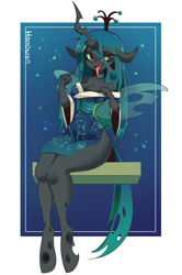 Size: 1608x2424 | Tagged: safe, artist:honowyn, queen chrysalis, changeling, changeling queen, anthro, unguligrade anthro, g4, clothes, commission, female, kimono (clothing), passepartout, sitting, solo