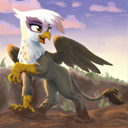 Size: 2918x2918 | Tagged: safe, artist:pzkratzer, gilda, griffon, g4, cloud, cloudy, concave belly, dirty, fit, mud, muddy, muddy hooves, ravine, slender, solo, spread wings, stars, sunset, swamp, thin, wings