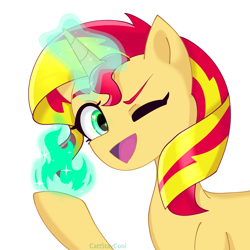 Size: 4000x4000 | Tagged: safe, artist:cattstaycool, sunset shimmer, pony, unicorn, g4, female, fiery shimmer, fire, horn, looking at you, magic, magic aura, mare, one eye closed, open mouth, open smile, simple background, smiling, smiling at you, white background, wink, winking at you