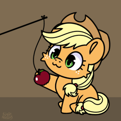 Size: 600x600 | Tagged: safe, artist:sugar morning, applejack, earth pony, pony, g4, :3, animated, apple, applejack's hat, behaving like a cat, chibi, cowboy hat, cute, female, fishing rod, food, gif, hat, jackabetes, mare, silly, silly pony, sitting, solo, sugar morning is trying to murder us, that pony sure does love apples, who's a silly pony