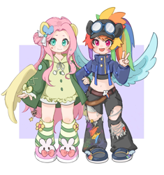 Size: 1923x2048 | Tagged: safe, artist:chonpsk, fluttershy, rainbow dash, human, g4, bandaid, clothes, cutie mark on clothes, denim, duo, duo female, female, flower, flower in hair, goggles, goggles on head, hat, humanized, jeans, lesbian, looking at you, midriff, open mouth, open smile, pants, passepartout, peace sign, pony ears, ponytail, purple background, ripped jeans, ripped pants, ship:flutterdash, shipping, shoes, simple background, smiling, smiling at you, spread wings, torn clothes, winged humanization, wings