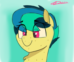 Size: 3000x2500 | Tagged: safe, artist:psychotix, derpibooru exclusive, oc, oc only, oc:apogee, pony, big eyes, bust, chest fluff, eye clipping through hair, freckles, paint tool sai, signature, simple background, smiling