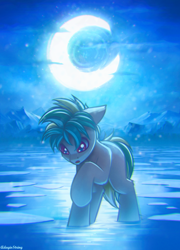 Size: 1800x2500 | Tagged: safe, artist:adagiostring, oc, oc only, earth pony, commission, cover art, covering, fanfic, fanfic art, looking down, male, moon, mountain, night, not sandbar, ocean, shiny, shocked, snow, snowfall, solo, stallion, standing, water, winter