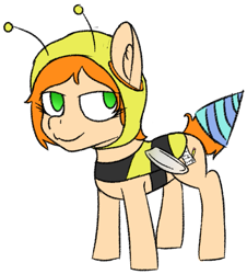 Size: 899x995 | Tagged: safe, alternate version, artist:toricelli, oc, oc:scribbles, earth pony, pony, alternate hairstyle, animal costume, antennae, bad costume, bedroom eyes, bee costume, clothes, colored sketch, colt, costume, foal, hat, looking at you, male, party hat, sketch, smug, solo, transparent wings, wings