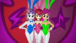 Size: 1920x1080 | Tagged: safe, artist:oatmeal!, part of a set, apple bloom, scootaloo, sweetie belle, human, equestria girls, g4, 3d, accessory swap, blue leotard, bowtie, bunny ears, bunny girl, bunny suit, clothes, costume, cutie mark crusaders, easter, female, gmod, green leotard, group, hand on hip, holiday, leaning forward, leotard, logo, looking at you, older, older apple bloom, older cmc, older scootaloo, older sweetie belle, pink leotard, playboy bunny, simple background, tight clothing, tights, touching, trio, trio female