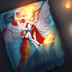 Size: 7000x7000 | Tagged: safe, artist:avi, daybreaker, nightmare star, princess celestia, oc, oc:king phoenix, alicorn, g4, bed, bedroom, celenix, clothes, dress, fire, jewelry, loincloth, regalia, room, royalty, torch, underwear