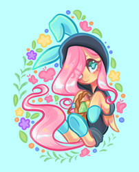 Size: 2266x2800 | Tagged: safe, artist:lenori, fluttershy, pegasus, pony, g4, bunny ears, bunny suit, clothes, costume, cute, dangerous mission outfit, digital art, easter, easter bunny, easter egg, eye clipping through hair, female, flutterbunny, happy easter, holiday, hoodie, mare, solo